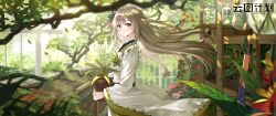 Rule 34 | 1girl, absurdres, blurry, blurry foreground, branch, commentary request, depth of field, frilled kimono, frills, girls&#039; frontline, girls&#039; frontline neural cloud, green eyes, hair ornament, highres, japanese clothes, kimono, light brown hair, long hair, long sleeves, looking at viewer, parted lips, plant, potted plant, sakuya (neural cloud), solo, swordsouls, wide sleeves, x hair ornament