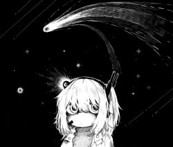 Rule 34 | 1girl, a.i. voice, adachi rei, closed mouth, comet, frown, greyscale, hair ribbon, headlamp, headset, highres, jacket, medium hair, messy hair, meteor shower, microphone, monochrome, night, open clothes, open jacket, portrait, radio antenna, ribbon, serious, shaded face, side ponytail, sideways glance, sky, solo, star (sky), starry sky, subaru namisaki, turtleneck, utau