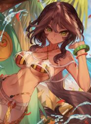Rule 34 | 1girl, andromeda (fate), andromeda (second ascension) (fate), bandeau, bare shoulders, beach, bikini, bikini under clothes, bracelet, braid, breasts, brown hair, cetus (fate), chain, cleavage, criss-cross halter, crown braid, dark-skinned female, dark skin, denim, fate/grand order, fate (series), green eyes, grey pants, halterneck, highleg, highleg bikini, inflatable toy, jeans, jewelry, large breasts, long hair, looking at viewer, low ponytail, m0 chi, multicolored bikini, multicolored clothes, navel, pants, rainbow bikini, see-through, sidelocks, smile, solo, swimsuit, water