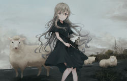 Rule 34 | 1girl, animal, bandaged arm, bandages, black dress, blue sky, brown eyes, brown hair, chihuri, cloud, cloudy sky, commentary request, day, dress, fingernails, gun, hair between eyes, holding, holding gun, holding weapon, long hair, looking at viewer, machine pistol, original, outdoors, parted lips, power lines, road, sheep, short sleeves, sky, solo, standing, submachine gun, tree, trigger discipline, utility pole, uzi, very long hair, weapon, wide sleeves
