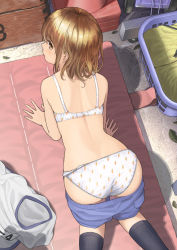 Rule 34 | 1girl, all fours, arm support, ass, back, bad id, bad pixiv id, basket, black socks, blanket, blue shorts, bra, brown eyes, brown hair, carrot print, clothes pull, copyright request, food print, from above, from behind, grey shirt, gym storeroom, gym uniform, indoors, kneehighs, leaf, looking back, mat, on floor, original, panties, print bra, print panties, pylon, shade, shadow, shirt, unworn shirt, short hair, shorts, shorts pull, socks, solo, sunlight, traffic cone, underwear, vaulting horse, white bra, white panties, yoropa