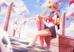Rule 34 | 1girl, ace (playing card), ace of hearts, ace of spades, bishoujo senshi sailor moon, blonde hair, blue eyes, blue sailor collar, blue skirt, blue sky, boots, bow, card, cloud, double bun, full body, gloves, hair bun, heart, highres, holding, holding card, jack (playing card), jack of hearts, karasa (tsukasa yu), knee boots, leotard, long hair, looking at viewer, outdoors, parted bangs, partially submerged, petals, pink bow, pink footwear, playing card, pleated skirt, rose petals, ruins, sailor collar, sailor moon, sailor senshi uniform, sitting, skirt, sky, solo, spade (shape), tsukino usagi, water, white gloves, white leotard