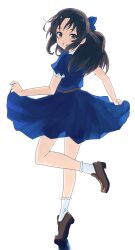 Rule 34 | 1girl, black hair, blue bow, blue dress, blush, bow, brown eyes, brown footwear, commentary request, dress, full body, hair bow, highres, idolmaster, idolmaster cinderella girls, idolmaster cinderella girls u149, loafers, long hair, looking at viewer, looking back, pranmt, shoes, short sleeves, simple background, sketch, skirt hold, smile, socks, solo, standing, standing on one leg, tachibana arisu, tiptoes, white background, white socks