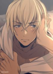 Rule 34 | amuro tooru, bed sheet, blonde hair, blue eyes, blush, closed mouth, commentary request, dark-skinned male, dark skin, grey background, hair between eyes, hand on another&#039;s face, looking at viewer, male focus, mashima shima, meitantei conan, on bed, out of frame, pov, pov hands, sheet grab, solo focus, twitter username, yaoi