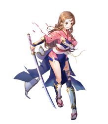 Rule 34 | 1girl, brown eyes, brown hair, feet, fire emblem, fire emblem fates, fire emblem heroes, full body, fuzichoco, hana (fire emblem), headband, highres, injury, katana, long hair, nintendo, official art, open mouth, ryona, sandals, solo, sword, toes, torn clothes, transparent background, weapon