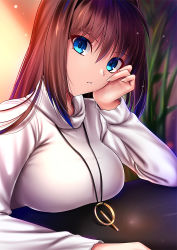 Rule 34 | 1girl, akeyama kitsune, aozaki aoko, arm support, blue eyes, breasts, brown hair, head rest, jewelry, large breasts, long hair, mahou tsukai no yoru, necklace, parted lips, solo, sweater, upper body, white sweater