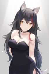 Rule 34 | 1girl, animal ear fluff, animal ears, arms behind back, artist name, bare arms, bare shoulders, black dress, black hair, black neckwear, blush, breasts, choker, closed mouth, collarbone, dress, fox ears, grey background, hair between eyes, highres, hololive, keenh, long hair, looking at viewer, medium breasts, multicolored hair, ookami mio, orange eyes, red hair, side slit, sleeveless, solo, strapless, strapless dress, streaked hair, tail, very long hair, virtual youtuber