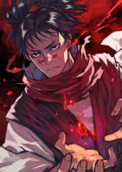 Rule 34 | 1boy, black eyes, black hair, blood, blood on face, choso (jujutsu kaisen), closed mouth, dutch angle, facial mark, half-closed eyes, highres, incoming attack, japanese clothes, jujutsu kaisen, kimono, long sleeves, looking away, male focus, out of frame, red background, rumie, sash, scarf, serious, simple background, solo, swept bangs, tattoo, twintails, upper body, white kimono, wide sleeves