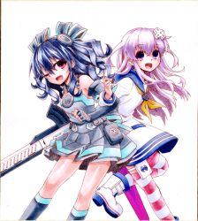 Rule 34 | 2girls, bare shoulders, black hair, blush, couple, d-pad, elbow gloves, gloves, hair ornament, hair ribbon, happy, long hair, mizunashi (second run), multiple girls, nepgear, neptune (series), open mouth, pink eyes, purple hair, ribbon, smile, striped clothes, striped legwear, striped thighhighs, thighhighs, twintails, two side up, uni (neptunia)