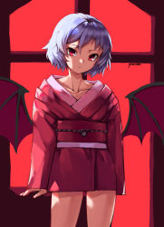 Rule 34 | 1girl, absurdres, alternate costume, arms at sides, artist name, bat wings, blue hair, collarbone, commentary request, cowboy shot, expressionless, fang, fang out, head tilt, highres, japanese clothes, kimono, long sleeves, looking at viewer, obi, red background, red eyes, red kimono, remilia scarlet, sash, short hair, short kimono, solo, standing, symbol-only commentary, touhou, window, wings, yoonsemo