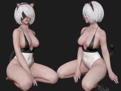 Rule 34 | 1girl, 3d, animal ears, arm at side, arm behind leg, artist name, bad id, bad pixiv id, black background, black bag, black blindfold, black hairband, black leotard, black tail, blindfold, breasts, breasts apart, cat ears, cat tail, cleavage, commentary, covered navel, doomlord, english commentary, facing viewer, fake animal ears, full body, hairband, large breasts, leotard, lips, mole, mole under mouth, multiple views, nier (series), nier:automata, profile, revealing clothes, short hair, signature, simple background, sitting, tail, two-tone leotard, wariza, white hair, white leotard, 2b (nier:automata)