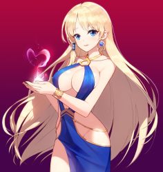 Rule 34 | 1girl, bad id, bad twitter id, bare shoulders, blonde hair, blue dress, blue eyes, bracelet, breasts, cleavage, collarbone, dress, earrings, gradient background, heart, hip vent, jewelry, large breasts, long hair, looking at viewer, mabinogi, no panties, parted lips, portia, revealing clothes, rheez, see-through, simple background, smile, solo, translated