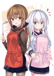 Rule 34 | 2girls, :d, alternate costume, apron, black bow, blue eyes, blue sweater, bow, brown eyes, brown hair, brown legwear, brown sweater, commentary request, duplicate, eyebrows, fathom, hair between eyes, hair bow, hair ornament, hairclip, hibiki (kancolle), highres, kantai collection, long hair, long sleeves, looking at viewer, low twintails, multiple girls, open mouth, pantyhose, red apron, sailor collar, school uniform, serafuku, smile, sweater, tashkent (kancolle), turtleneck, turtleneck sweater, twintails, verniy (kancolle), white hair