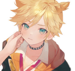Rule 34 | 1boy, aqua eyes, blonde hair, blue eyes, blush, cheek pinching, collarbone, collared shirt, fingernails, hand on another&#039;s cheek, hand on another&#039;s face, hood, hood down, hoodie, jacket, jewelry, kagamine len, leo/need len, looking at viewer, neck ribbon, necklace, out of frame, parted lips, pinching, portrait, pov, pov hands, project sekai, ribbon, shade, shinotarou (nagunaguex), shirt, simple background, solo focus, tearing up, tears, vocaloid, wavy mouth, white background, white shirt