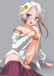 1girl akishimo_(kancolle) asymmetrical_bangs asymmetrical_hair bow bowtie bra breasts brown_hair dress embarrassed gradient_hair grey_background grey_eyes grey_hair hair_ornament kantai_collection leaf_hair_ornament long_sleeves lying multicolored_hair one-hour_drawing_challenge open_mouth orange_bra orange_panties panties pleated_dress ray.s shirt short_hair short_hair_with_long_locks small_breasts solo underwear white_shirt