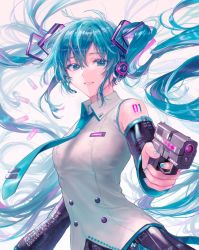 Rule 34 | 1girl, bare shoulders, black skirt, black sleeves, blue eyes, blue hair, blue nails, blue necktie, breasts, cartridge, collared shirt, commentary, detached sleeves, fingernails, grin, gun, hair between eyes, hair ornament, handgun, hatsune miku, headset, highres, holding, holding gun, holding weapon, long hair, long sleeves, looking at viewer, medium breasts, multicolored hair, nail polish, necktie, nyam 030, pink hair, pistol, shirt, sig p228/p229, skirt, smile, solo, streaked hair, twintails, upper body, very long hair, vocaloid, weapon, white background, white shirt