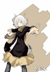 Rule 34 | 1girl, antenna hair, blush, blush stickers, fur trim, grey eyes, konatsu karasu, legs apart, long sleeves, looking at viewer, motion lines, musical note, original, outstretched arms, pants, pants under skirt, quaver, scarf, skirt, solo, spread arms, standing, text focus, white eyes, white hair