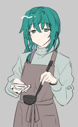 Rule 34 | 1boy, apron, brown apron, closed mouth, commentary request, cowboy shot, dot mouth, expressionless, green eyes, green hair, grey background, grey sweater, hair intakes, highres, holding, holding ladle, holding plate, kashii kaoru, ladle, long hair, looking at viewer, mahjong soul, male focus, mole, mole under eye, plate, sammir (mahjong soul), simple background, solo, sweater, tasting plate
