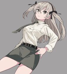 Rule 34 | 1girl, aged up, aoi kujira, breasts, brown eyes, expressionless, formal, girls und panzer, grey background, grey hair, grey necktie, grey skirt, hands on own hips, highres, long hair, long sleeves, medium breasts, necktie, pencil skirt, shimada arisu, shirt, skirt, solo, twintails, white shirt