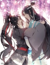 Rule 34 | 2boys, artist name, bishounen, black eyes, black hair, black sash, blue sash, blurry, blurry foreground, blush, chinese clothes, closed mouth, commentary request, depth of field, email address, eye contact, flower, hair bun, hair ribbon, hand on another&#039;s cheek, hand on another&#039;s face, hand up, hanfu, headband, high ponytail, highres, lan wangji, long hair, long sleeves, looking at another, male focus, modao zushi, multiple boys, muse (rainforest), open mouth, parted bangs, ponytail, profile, purple flower, red ribbon, ribbon, robe, sash, sidelocks, simple background, single hair bun, smile, twitter username, very long hair, watermark, wei wuxian, white headband, white ribbon, white robe, wide sleeves, wisteria, yaoi, yellow eyes