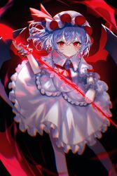 Rule 34 | 1girl, artist name, bat wings, black background, blue hair, bow, chromatic aberration, expressionless, highres, looking at viewer, red bow, red eyes, red headwear, red wings, remilia scarlet, sakizaki saki-p, shirt, short hair, skirt, solo, touhou, white shirt, white skirt, wings