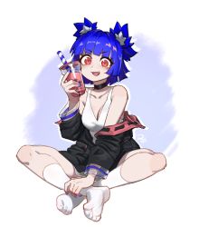 Rule 34 | 1girl, :d, bare shoulders, black choker, black jacket, blue background, blue hair, borrowed character, breasts, bubble tea, choker, cleavage, cup, difman, disposable cup, drinking straw, fang, full body, gris (vertigris), hand up, highres, holding, holding cup, indian style, jacket, long sleeves, looking at viewer, medium breasts, no shoes, off shoulder, open clothes, open jacket, open mouth, original, puffy long sleeves, puffy sleeves, red eyes, signature, sitting, smile, socks, soles, solo, tank top, two-tone background, v-shaped eyebrows, white background, white socks, white tank top