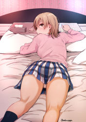 Rule 34 | 1girl, arakure, ass, bed, bed sheet, black socks, blonde hair, brown eyes, condom, condom wrapper, female focus, from behind, hotel room, indoors, isshiki iroha, kneepits, long sleeves, looking at viewer, looking back, love hotel, lying, on bed, on stomach, open mouth, panties, pantyshot, pillow, short hair, skirt, sleeve cuffs, socks, solo, spread legs, tissue box, underwear, yahari ore no seishun lovecome wa machigatteiru.