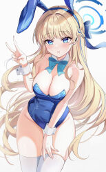 Rule 34 | 1girl, absurdres, animal ears, aqua bow, aqua bowtie, bare shoulders, blonde hair, blue archive, blue eyes, blue halo, blue leotard, blue ribbon, blush, bow, bowtie, breasts, cleavage, commentary, covered navel, fake animal ears, fingernails, grey background, hair ribbon, halo, hari83421, highres, large breasts, leotard, long hair, looking at viewer, official alternate costume, parted lips, playboy bunny, rabbit ears, ribbon, simple background, solo, thighhighs, toki (blue archive), toki (bunny) (blue archive), v, very long hair, white thighhighs