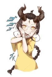 Rule 34 | 1girl, black hair, black nails, braid, braided ponytail, brown eyes, chinese commentary, commentary request, cropped torso, dress, glasses, hands up, highres, holding, holding own hair, horns, long hair, looking at viewer, menacing (jojo), nail polish, original, oshin0 (zheng), short sleeves, smile, solo, upper body, very long hair, virtual youtuber, white background, wristband, yellow dress