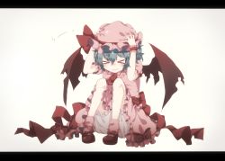 Rule 34 | &gt; &lt;, 1girl, bat wings, bloomers, blue hair, bow, closed eyes, cowering, gensou aporo, hat, letterboxed, mob cap, remilia scarlet, ribbon, short hair, simple background, sitting, skirt, solo, tears, touhou, underwear, uu~, white background, wings