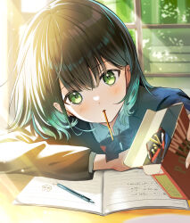 Rule 34 | 1girl, black bow, black coat, black hair, blurry, blurry background, blush, bob cut, book, bow, box, coat, collared shirt, commentary request, elbows on table, food, food in mouth, gradient hair, green eyes, green hair, highres, holding, holding box, indoors, lapels, long sleeves, looking at viewer, multicolored hair, open book, original, pen, pocky, pocky in mouth, shirt, solo, uniform, white shirt, yukimaru nun