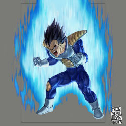 Rule 34 | 1boy, armor, aura, black eyes, black hair, bodysuit, broken, broken armor, clenched hands, crack, dated, dragon ball, dragon ball (classic), gloves, grey background, ikeda (cpt), male focus, muscular, open mouth, saiyan armor, screaming, simple background, solo, spiked hair, teeth, tight clothes, tongue, torn clothes, torn legwear, vegeta, veins, white footwear, white gloves