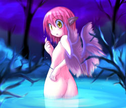 Rule 34 | 1girl, :o, animal ears, ass, back, bare tree, blush, completely nude, des (namaasi), female focus, from behind, looking at viewer, looking back, mystia lorelei, nude, outdoors, pink hair, short hair, solo, touhou, tree, wading, water, wet, wide-eyed, wings, yellow eyes
