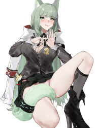 Rule 34 | 1girl, :q, animal ear fluff, animal ears, arknights, black footwear, black nails, black skirt, blush, boots, breasts, cape, cardigan, cat ears, cat tail, cleavage, commentary request, green eyes, green hair, grey cardigan, grey socks, groin, harmonie (arknights), high heel boots, high heels, highres, infection monitor (arknights), knee up, large breasts, long hair, long sleeves, looking at viewer, nail polish, no panties, sawaki ken, simple background, skirt, socks, solo, tail, tail censor, thighs, tongue, tongue out, very long hair, white background, white cape