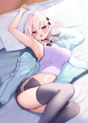 Rule 34 | 1girl, :d, armpits, arms up, ayuma sayu, bare arms, bare shoulders, bed, black choker, black shorts, black thighhighs, blue jacket, braid, breasts, camisole, choker, crop top, fang, hair ornament, hairclip, highres, jacket, large breasts, looking at viewer, lying, midriff, navel, on back, on bed, open clothes, open jacket, open mouth, original, pillow, pink eyes, pink hair, shirt, short hair, short shorts, shorts, sleeveless, sleeveless shirt, smile, solo, spaghetti strap, thighhighs, thighs, white shirt