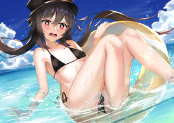 Rule 34 | 1girl, absurdres, bare shoulders, beach, bikini, black bikini, black hat, blue sky, blush, breasts, brown hair, collarbone, flower, genshin impact, hat, hat flower, highres, hu tao (genshin impact), knees up, long hair, looking at viewer, ocean, open mouth, plum blossoms, red eyes, skai kun, sky, small breasts, solo, swimsuit, symbol-shaped pupils, thighs, twintails, very long hair, wet