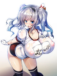 Rule 34 | 1girl, alternate breast size, black thighhighs, blue eyes, blush, breasts, buruma, collarbone, covered erect nipples, fang, gloves, gym uniform, hair ornament, hairband, hand on own chest, highres, huge breasts, kantai collection, kashima (kancolle), knees together feet apart, leaning forward, long hair, looking at viewer, name tag, nipples, no bra, open mouth, red buruma, see-through, shirt, short sleeves, sidelocks, silver hair, solo, standing, sweat, sweatdrop, thighhighs, thighs, torisan, twintails, wavy hair, wavy mouth, wet, wet clothes, wet shirt, white background