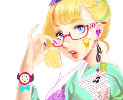 Rule 34 | 1girl, adjusting eyewear, bad id, bad pixiv id, bespectacled, blue eyes, blue nails, blunt bangs, bracelet, earbuds, earphones, earrings, eyelashes, facepaint, glasses, heart, jewelry, kagamine rin, lips, lipstick, makeup, minami haruya, multicolored hair, multicolored nails, musical note, nail polish, novelty glasses, portrait, purple nails, simple background, solo, star (symbol), streaked hair, striped, vocaloid, watch, wristwatch