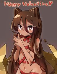 Rule 34 | 1girl, :q, animal ears, blush, breasts, brown eyes, brown hair, cat ears, chocolate, chocolate girl, choker, closed mouth, commentary request, cowboy shot, dark-skinned female, dark skin, english text, grey background, groin, gunjima souichirou, hair ornament, hands up, happy valentine, heart, heart-shaped pupils, long hair, looking at viewer, monster girl, naked ribbon, navel, original, out-of-frame censoring, own hands together, red ribbon, ribbon, ribbon choker, slime girl, small breasts, smile, solo, symbol-shaped pupils, tongue, tongue out, valentine, very long hair, white background