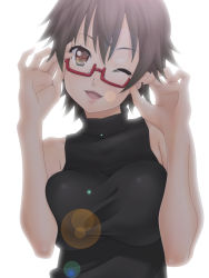 Rule 34 | 1girl, adjusting eyewear, breasts, brown eyes, brown hair, eunos, face, female focus, glasses, k-on!, large breasts, manabe nodoka, one eye closed, open mouth, red-framed eyewear, semi-rimless eyewear, short hair, sleeveless, sleeveless turtleneck, smile, solo, turtleneck, under-rim eyewear, wink