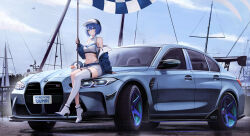 Rule 34 | 1girl, absurdres, alternate costume, armpit crease, bare shoulders, baseball cap, belt, black gloves, blue eyes, blue hair, blue jacket, bmw, bmw 3 series, bmw m3, boots, breasts, car, checkered flag, closed mouth, commission, crop top, flag, gloves, hand up, hat, heart, high heel boots, high heels, highleg, highres, holding, jacket, kcar66t, kiritani haruka, long sleeves, medium breasts, midriff, motor vehicle, navel, off shoulder, open clothes, open jacket, panty straps, partially fingerless gloves, project sekai, race queen, shirt, short hair, short shorts, shorts, single thighhigh, sitting, sitting on car, skindentation, sleeveless, sleeveless shirt, smile, solo, sports car, stomach, taut clothes, taut shirt, thigh strap, thighhighs, thighs, white footwear, white hat, white shirt, white shorts, white thighhighs, wide shot