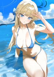 Rule 34 | 1girl, absurdres, bare arms, bare legs, bare shoulders, bikini, blonde hair, blue archive, blue bikini, blue eyes, blue halo, blush, breasts, commentary, day, halo, highres, long hair, looking at viewer, medium breasts, navel, open mouth, outdoors, r aeel, solo, swimsuit, toki (blue archive), v, water