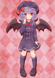 Rule 34 | 1girl, :o, alternate costume, argyle, argyle background, argyle clothes, bad id, bad pixiv id, bat wings, bebitera, bow, dress, hand on own face, hat, hat ribbon, highres, kneehighs, light purple hair, long sleeves, looking at viewer, mary janes, pigeon-toed, pink background, red eyes, remilia scarlet, ribbon, sailor dress, shadow, shoes, short hair, skirt hold, socks, solo, touhou, wings