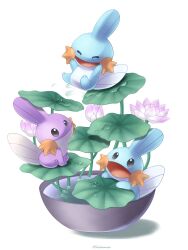 Rule 34 | alternate color, artist name, closed eyes, closed mouth, creatures (company), falling, flower, full body, game freak, gen 3 pokemon, grey eyes, highres, in pot, lotus, mudkip, nintendo, open mouth, pokemon, pokemon (creature), sasabunecafe, shiny and normal, shiny pokemon, smile, twitter username, water, water drop, white background