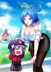 Rule 34 | 3girls, :p, = =, absurdres, alternate costume, american flag shirt, bandages, blonde hair, blue eyes, blue hair, bracelet, breasts, candy, cleavage, clownpiece, contemporary, crying, doraemon, fang, food, gouda takeshi, hair ornament, hand on another&#039;s head, hanging breasts, hat, head bump, highres, jewelry, kaku seiga, koissa, large breasts, leaning forward, licking, lollipop, mature female, miniskirt, miyako yoshika, mole, mole under eye, multiple girls, necklace, open mouth, pantyhose, parody, pencil skirt, plaid, pointing, purple hair, skirt, skirt tug, star (symbol), suspenders, sweatdrop, tears, tongue, tongue out, touhou, wavy mouth, aged down
