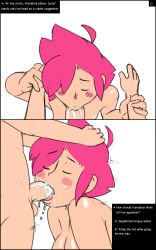 Rule 34 | 1boy, 1girl, blush, breasts, cum, english text, closed eyes, fellatio, hetero, oral, penis, pink hair, source request, text focus