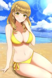 Rule 34 | 1girl, arm at side, armpit crease, ayato utae, bare arms, bare shoulders, beach, bikini, blue sky, blunt bangs, blush, breasts, cleavage, closed mouth, cloud, collarbone, commentary request, cowboy shot, day, dolphin wave, earrings, glint, groin, half updo, halterneck, hand up, highres, horizon, jewelry, large breasts, lens flare, light brown hair, long hair, looking at viewer, mole, mole under eye, navel, ocean, on ground, outdoors, side-tie bikini bottom, sitting, sky, smile, solo, split mouth, stomach, sunlight, surippa1010, swimsuit, yellow bikini, yellow eyes
