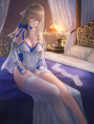 Rule 34 | 1girl, absurdres, asymmetrical legwear, azur lane, bed, bedside, blue bow, bow, breasts, city lights, cityscape, cleavage, dress, elbow gloves, fingerless gloves, gloves, grey hair, highres, lamp, large breasts, long hair, mole, mole under eye, pillow, red eyes, saint-louis (azur lane), saint-louis (holy knight&#039;s resplendence) (azur lane), saint-louis (holy knight&#039;s resplendence) (azur lane), single thighhigh, skyline, thighhigh removed, thighhighs, uneven legwear, white dress, white thighhighs, window, you (yoyou)