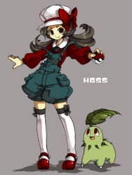 Rule 34 | 00s, 1girl, aliasing, bow, cabbie hat, chikorita, creatures (company), game freak, gen 2 pokemon, grey eyes, grey hair, hat, holding, holding poke ball, lyra (pokemon), nintendo, overalls, poke ball, pokemon, pokemon (creature), pokemon hgss, red footwear, ribbon, shoes, simple background, thighhighs, twintails, yamipika