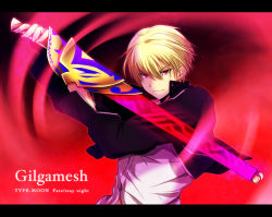 Rule 34 | 1boy, bad id, bad pixiv id, blonde hair, casual, character name, copyright name, ea (fate/stay night), fate/stay night, fate (series), gilgamesh (fate), letterboxed, male focus, official alternate costume, red eyes, solo, type-moon, uka (color noise), weapon